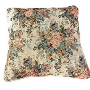 Tapestry toss pillow pink raw silk satin backing vintage floral needlepoint top